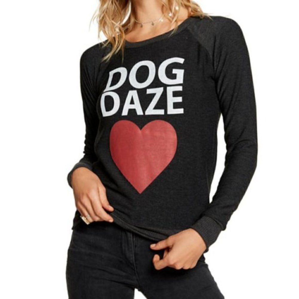 New Chaser Dog Daze Crewneck Long Sleeve Gray Pullover Sweatshirt NWT XS/0